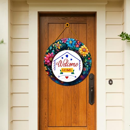Image of GENXTRA Welcome Home Wall Hanging - Floral Round Wooden Door Sign for Entrance, Living Room & Home Decor