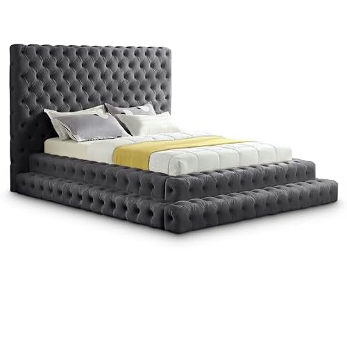 Modern Grey Velvet Upholstered Queen Bed