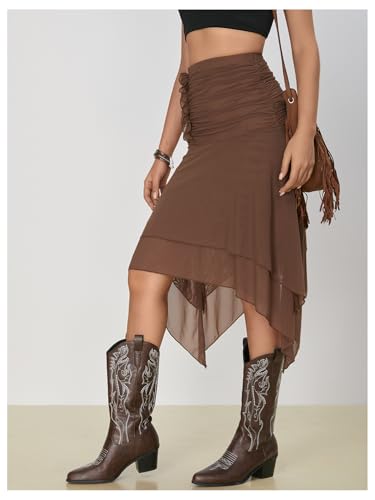 Women's Ruffle Ruched Mesh Asymmetrical Skirt Western Layered Midi Skirts4