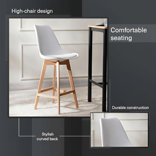 تايمي مقاعد بار مع وسادة على الطراز الاسكندنافي مع مسند ظهر ومسند للقدمين، كراسي بار للمنزل والمكتب والاستوديو والمتجر والمنتجعات الصحية، مقعد مطبخ بارجل من خشب الزان الصلب - ابيض - عبوة من قطعتين