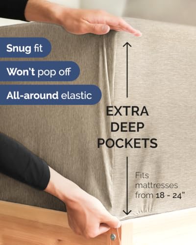 Image of Extra Deep Flex Top Split Head King Fitted Sheet - Hotel Luxury Single Fitted Sheet Only - Easily Fits 18 inch to 24 inch Mattress - Ultra Soft, Wrinkle Free w /Extra Deep Pockets - Heathered Beige