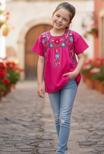 Image of YZXDORWJ Mexican Blouse for Girls Traditional Embroidered Summer Short Sleeve Peasant Blouse for Kids