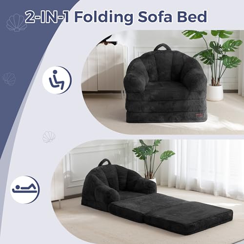 Image of MAXYOYO Folding Sofa Bed, 2 in 1 Convertible Sofa to Lounger Comfy Single Bean Bag Chair for Adults, Floor Couch with Handle, Faux Fur Couch Bed for Living Room Bedroom, Black