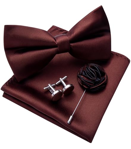 Image of Solid Color Bow Ties for Men Silk Pre-tied Tuxedo Bowtie Set 4PCS | Pre-tied in 3 seconds,adjustable 4PCS bow tie and pocket square cufflinks lapel pin set,wedding,formal,party,prom,graduation