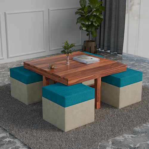 Image of Soild Sheesham Wood Centre Coffee Table with 4 Stools for Living Room Hall Bedroom Office|Wooden Center Coffee Table for Outdoor Garden Home | (Natural Teak Dark)