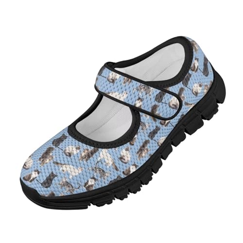 SYtrade Grey Cats Blue Mary Jane Flats Kids Lightweight Walking Shoes Black Sole