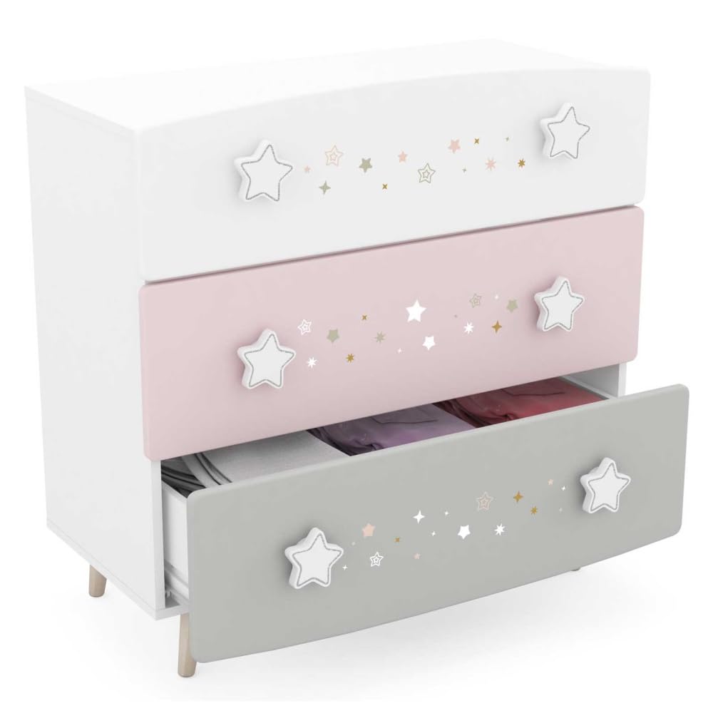Befara CÓMODA Infantil Cosmos, Blanco Mate/Gris/Rosa, 87 x 41 x 86,5 cm, Comoda Infantil Rosa Gris
