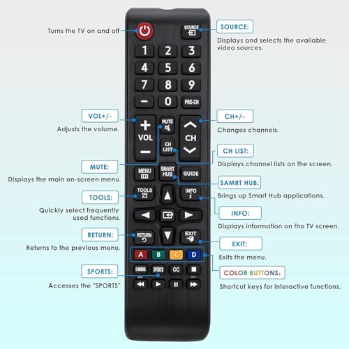 Image of Samsun.g Compatible Samsung TV Remote Control Replacement | Universal for LCD LED OLED QLED UHD HD Plasma Smart Hub TVs | Hotkeys & Easy Setup | Black