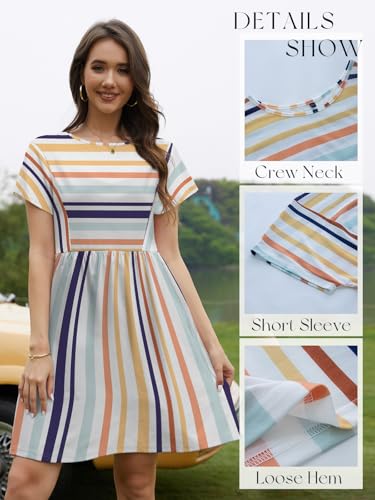 Image of Womens Summer Striped Short Sleeve T-Shirt Dresses Casual Crew Neck Mini Dress Flowy Beach Sundress