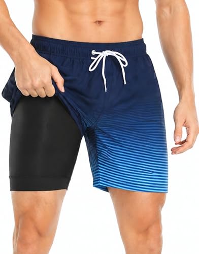 Image of Mens Swim Trunks Compression Liner No Mesh Swimming Trunks Men Swimwear Quick Dry Above Knee Zipper Pocket Swim Shorts
