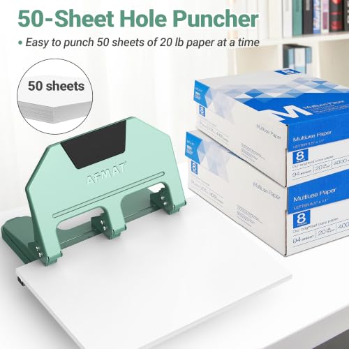Image of AFMAT 3 Hole Punch Heavy Duty, 9 /32 inch Hole Diameter, 50-Sheet 3 Hole Puncher for Binder, 50% Reduced Effort, Metal Three Hole Punch w / 10,000+ Uses, Bulit-in S.S. Paper Guide, Large Chip Tray, HPX5
