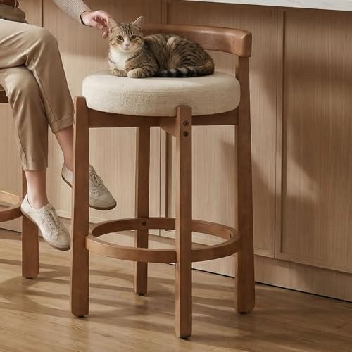 Image of LukeAlon Mid Century Linen Single Counter Stool, Upholstered 26.5 inch Seat Height Low Barstools with Natural Wood Legs Round Low Back Kitchen Stool with Footrest for Dining Room, Beige