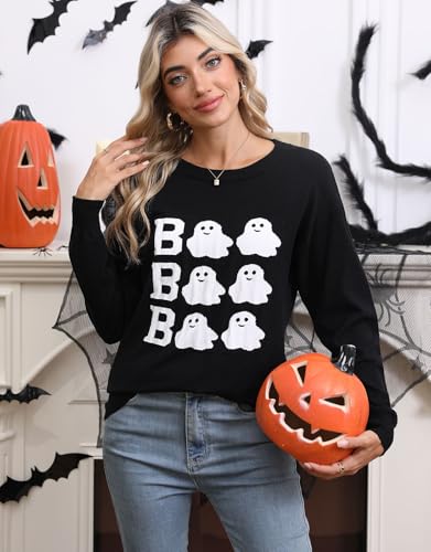 Image of Women's Lightweight Thin Knit Sweater Long Sleeve Crew Neck Ghost Pattern Halloween Pullover (Black 77,Large)