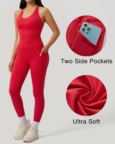 RXRXCOCO Strappy Back Workout Sets for Women 2 Piece Padded Tank Tops Hidden Scrunch Butt Lifting Leggings with Pockets4