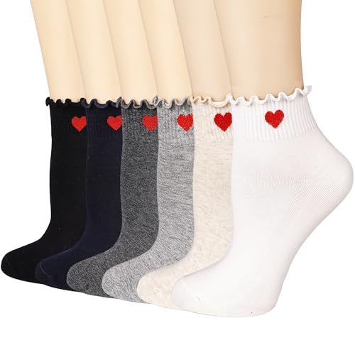 Mcool Mary Women's Ruffle Socks,Casual Cute Ankle Socks Comfort Cool Knit Cotton Frilly Socks for Women 6 Pairs