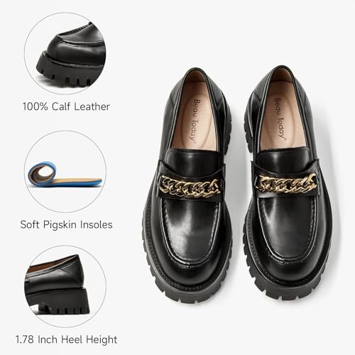Image of BEAU TODAY Chunky Loafers for Women,Womens Platform Loafer Shoes,Chunky Heel Lug Sole Slip-on Metal Chain Shoes,Comfort Round Toe Business Work Office Shoes