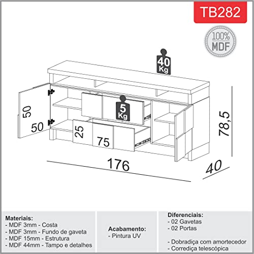 Balcão Buffet Tamburato Quadriculado 2 Portas TB282 100% MDF Dalla Costa - Freijó