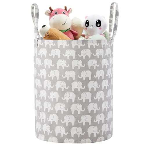 Image of TECHMILLY Large Storage Basket for Girls and Boys, Collapsible Laundry Hamper with Long Handles, Toy Bins for Nursery, Kids Room Décor (Grey Elephant)