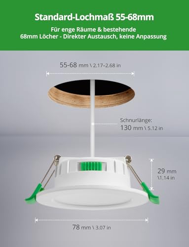 HOMEOW LED Einbaustrahler 230V 55mm – 68mm Lochmaß, 4W LED Spots Warmweiß Neutralweiß Kaltweiß, Einbauleuchten Deckenspots Einbau Ultra Flach IP44 für Bad, 6er Set