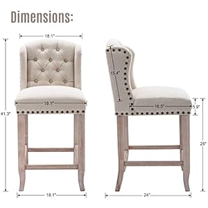 Modern 26" Linen Counter Height Stools Set of 2, Upholstered Button Tufted Counter Stools with Solid Wood Legs Wingback Low Bar Chairs with Nailhead Trim for Kitchen Home Bar, Beige Modern 26 Linen Counter Height Stools Set of 2 Upholstered Button Tufted Counter Stools with Solid Wood Legs Wingback Low Bar Chairs with Nailhead Trim for Kitchen Home Bar Beige
