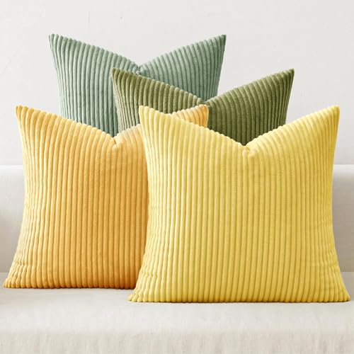 Image of MIULEE Boho Farmhouse Yellow Green Throw Pillow Covers 18x18 Inch Set of 4 Mordern Nordic Cushion Covers Soft Corduroy Spring Home Decor for Couch Bed Sofa Living Room