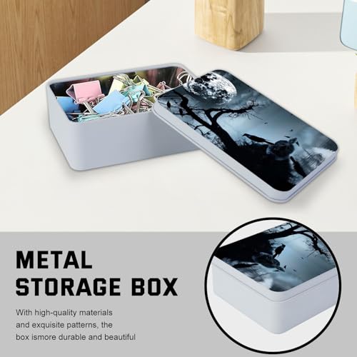 Image of Metal Tin Box with Lid,Multi-functional Storage Box Can Store Tea Biscuits Game Cards, Playing & Tarot Cards-Comes with 4 Magnetic Cord Clips,Raven Moonlight Scene