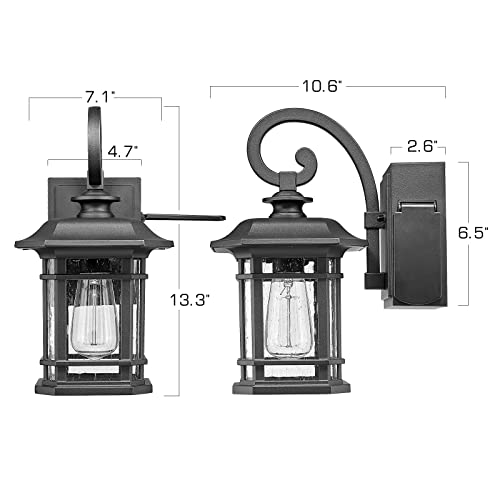 Zeyu 2 Pack Outdoor Light with Built-in GFCI Outlet - Exterior Light Fixture for Front Porch House with Seeded Glass, Black Finish, ZW40B-G-2PK BK