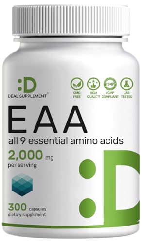 Essential Amino Acids (EAA) 2000mg Per Serving, 300 Capsules – Unflavored - 9 in 1, All BCAAs (Branched-Chain Aminos) – Lean Muscle Support & Natural Pre Workout Supplement