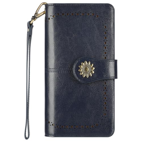Lavemi Womens Large Capacity Genuine Leather RFID Blocking Wallets Wristlet Clutch Card Holder(2-Blue)