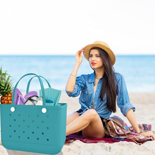 X-Large Rubber Tote Bag Beach Bag Travel Bag with Waterproof Zipper Pocket, Washable Durable Rubber Beach Tote Holes (Lake Green)2