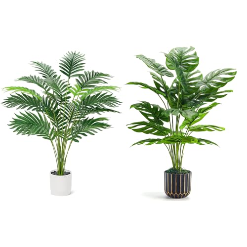 Der Rose Bundle of 28'' Fake Palm Plants Large Artificial Plants and 28'' Artificial Monstera Faux Plants for Home Room Indoor Outdoor Decor
