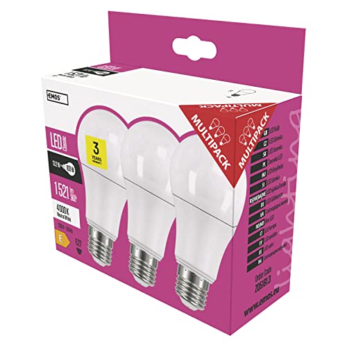 EMOS LED Lampe 3er Pack, 13,2 W Ersatz für 100 W Glühbirne, A60, E27 Sockel, Helligkeit 1 521 Lumen, Neutralweiß 400 Kelvin, 30000 Stunden Lebensdauer, CRI min. 80, 180° Abstrahlwinkel