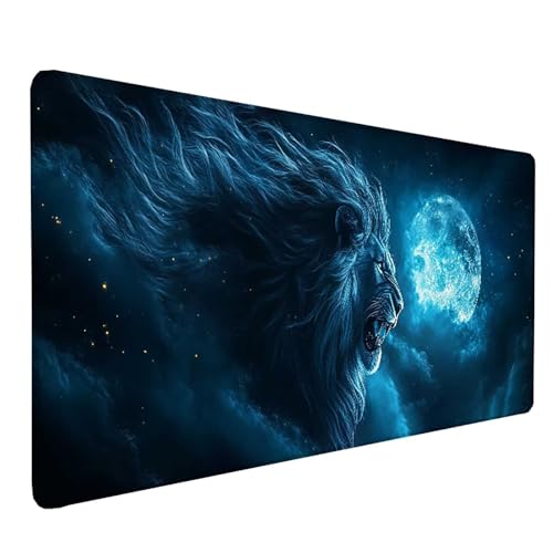 Tapis souris XXL imperméable et antidérapant avec motif lion bleu pour PC