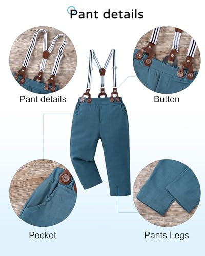 YALLET Toddler Baby Boy Clothes Suit Gentleman Wedding Outfits, Formal Dress Shirt+Bowtie+Suspender Pants(Blue Print, 4-5T)