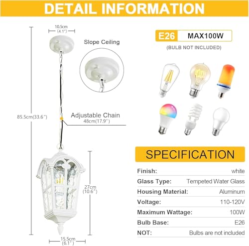 Outdoor Pendant Light for Porch Patio Garden Yard, Anti-Rust Aluminium Exterior Hanging Light Fixtures, Outside White Vintage Hanging Ceiling Outdoor Pendant Lamp Height Adjustable, 2pack