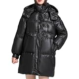 Chaquetas de invierno para mujer, abrigo de invierno largo, cálido, ligero, acolchado, chaqueta de plumón, chaqueta acolchada con cuello alto, chaqueta con capucha con cierre de palanca, Negro, L