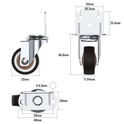 HOLKIE 32 mm Möbelrollen mit Dicker L-Montageplatte Schwerlastrollen Können 45 KG Tragen Rollen für Möbel mit 2 Bremse und 2 ohne Ideale Lenkrollen für Blumenständer,Babybay,Couchtisch (4er-Set)