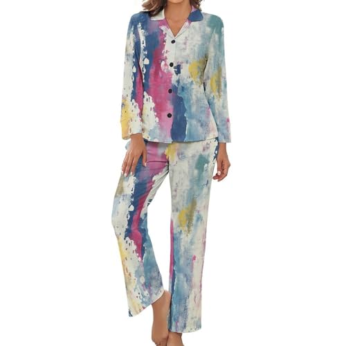 Pyjama femme col à revers et taille élastique en version imprimé graffiti abstrait vieilli