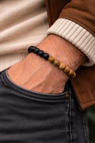 Image of Men's Beaded Bracelet | Matte Black & Natural Wooden Beads | Stretchable Elastic Wrist Band | Stylish Couple Bracelet | Daily Wear Fashion Jewelry for Men & Women