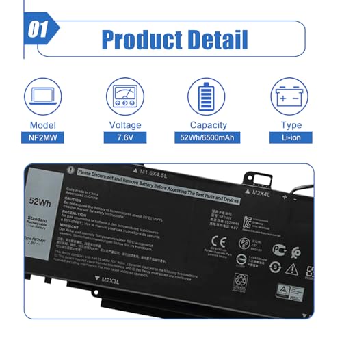 Image of 52Wh NF2MW Laptop Battery Replacement for Dell Latitude 7400 2-in-1 Latitude 14 9410 2-in-1 Series 085XM8 08W3YY C76H7 0C76H7 7146W G8F6M 0G8F6M 02K0CK DJ5GG P110G P110G001 7.6V 6500mAh