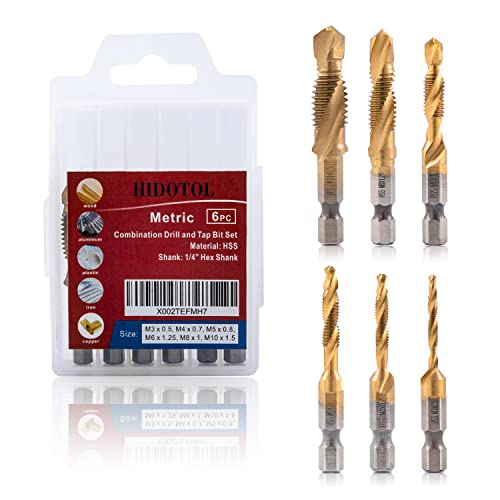 HIDOTOL Titanium Combination Drill and Tap Bits Set, 6 PC Metric Screw Taps, 3-in-1 Bit Tool for Drilling, Tapping and Countersinking