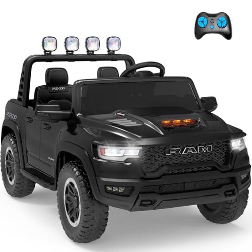 Segmart Electric Car for Kids, Licensed Ram 1500 RHO, 24V Ride on Toys for Big Kids, Battery Powered with Parent Remote Control, LED Light/Music/MP3, Back Storage, Black, Roll Bar