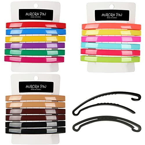 Aurora Pin Hair Barrettes Clips Set - Large Plastic Dome Styling Accessories - Decorative Clamps For Half Updo & Ponytail - For Girls, Women with Very Thick Hair - 18 Colored Pieces, Made in Korea