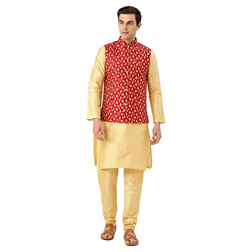 Image of SOJANYA (Since 1958 Men's Cotton Linen Maroon Kurta and White Pyjama with Mustard Cotton Nehru Jacket