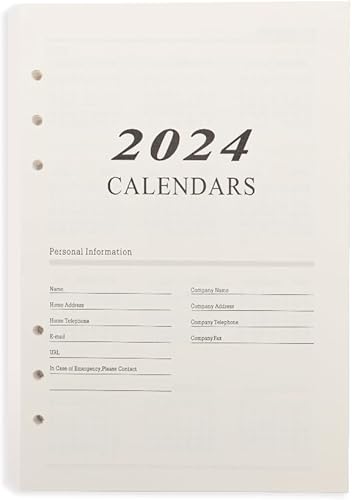 Recambios de carpeta de 6 anillas 2024 con 6 anillas, multifunción, A5, 6 agujeros, calendario de doble cara, hojas sueltas, páginas interiores