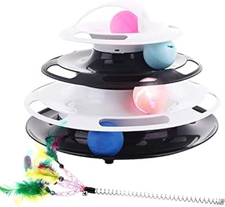 Pecute Cat Roller Toy 4 Layers - More Fun with Upgraded Catnip Ball Flashing Ball and Feather Wand Cat Toy Interactive for Cats- Detachable Sturdy Anti-Skid (Balck+White)