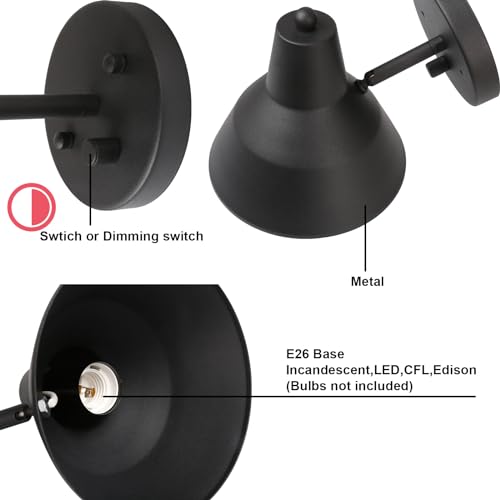 Image of Yosoan 1-Light Black Indoor Vanity Wall Sconce with Dimming On Off Switch | Hardwired Vintage Fixture with 6.89 inch Bowl Metal Shade Reading Bedroom Bunk