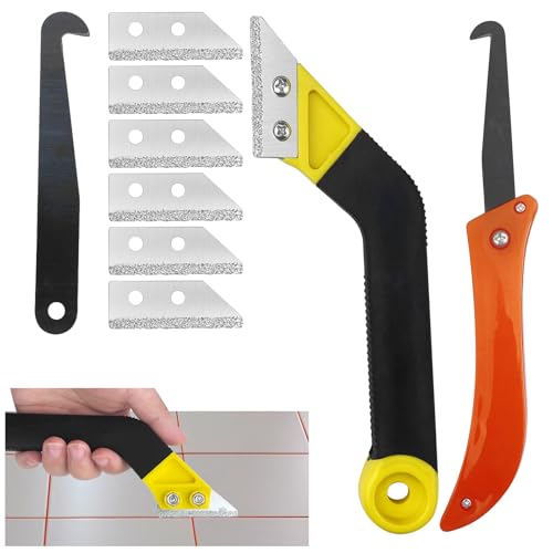 Gvolatee 2 Stück Abgewinkelter Fugenreiniger + mit 7 Ersatzklingen, Fugenkratzer Fliesen, Fugenentferner Werkzeug, Fliesenfugen...
