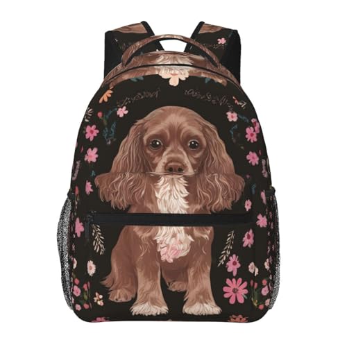 Men Women Lightweight Floral Cocker Spaniel Chocolate Brown Backpack Large Capacity Carry On Bag With Padded Straps for Sports Work Walking Cycling