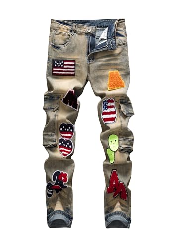 Men's Street Hip-hop Style Embroidered Fashionable Versatile Casual Multi Pocket Workwear Straight Leg Slim fit Jeans